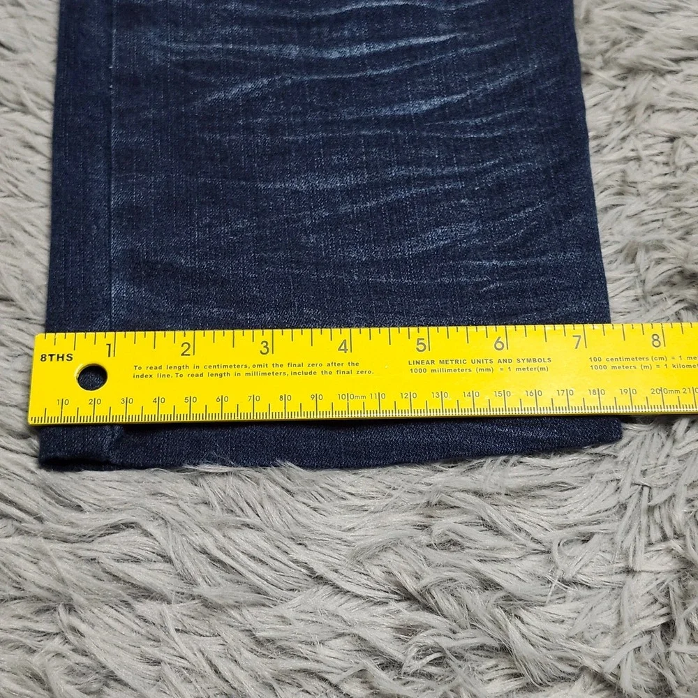 True Luck Mens‎ Jeans 36x29 Hemmed Dark Wash Straight Fit Denim Thick Stitch